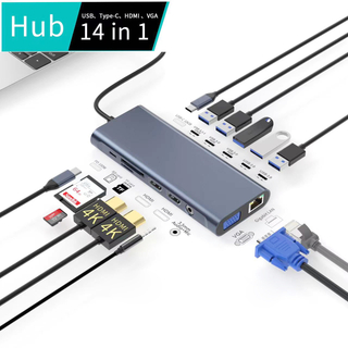 2024 New Arrival 12 13 14 in 1 Docking Station USB3.0 Hub with Dual HDMI SD TF USB 3.1 USB-C 10GB PD 100W VGA RJ45 3.5mm Audio