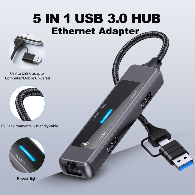Amazon Hot Selling Micro Type c Hub 5 in 1 usb-c hub Adapter With Card Reader RJ45 100Mb USB 3.0 2.0 for smart home hub